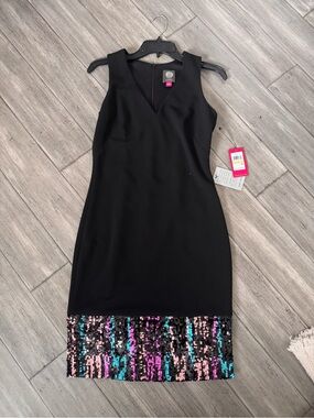 Vince Camuto Black Sheath Midi Dress with Multicolor Sequin Hem
